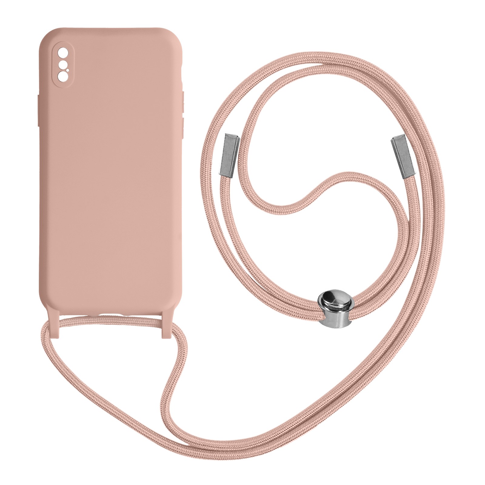 Coque iPhone X XS avec chaîne nylon 80 cm - Couleur Rose tendre