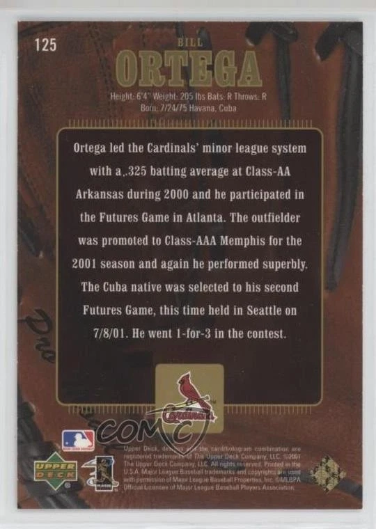 2001 Upper Deck Gold Glove Golden Debuts /1000 Bill Ortega #125 Rookie RC - Image 2 of 2
