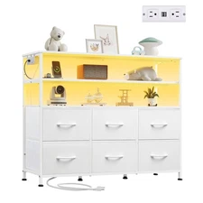 6 Chest of Drawers White Dresser For Bedroom With LED Light and Charging Station