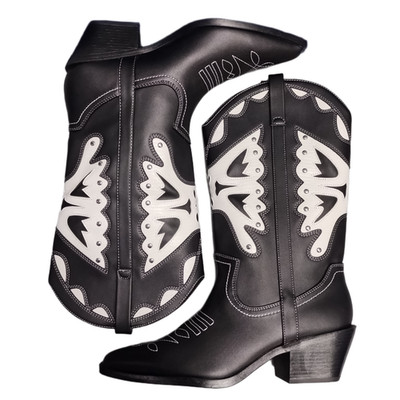 Madden Girl Saloonn Western Boots Womens US 8.5M Black White Pointed Toe Pull On