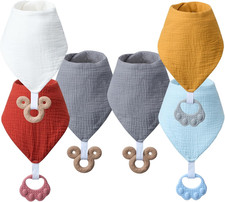 Baby Teething Bibs 6-Pack with Attachable Teether - 100 Organic Cotton, Super A