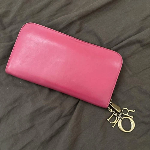 Portefeuille Christian Dior cuir long zippé autour rose 4138