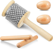 5 Pcs Wooden Hand Percussion Instrument Set Mini Wooden Cabasa with Stainless...