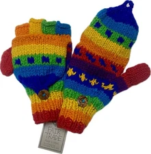 Fair Trade Hippie Wool Fleece Lined Fingerless Gloves Mittens Glittens Rainbow