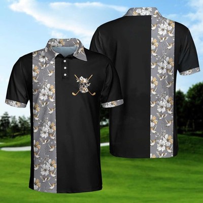 Luxury Golden Skull Black Golf Ash Floral Pattern Polo Shirt Best Golf Shirt