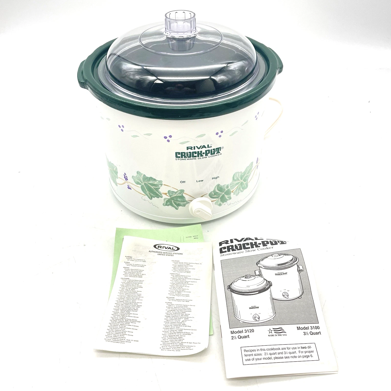 Vintage Rival Crock Pot 3120 Stoneware Slow Cooker White Green Ivy 2.5 Quart