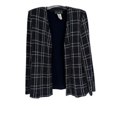 Alex Evenings Metallic Plaid Jacket Blue Silver Sparkle Size 16 Open Front