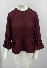 McQ Womens Burgundy Bell Sleeve Black Lace Trim Shirt sz 38