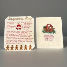 Vtg Cross Stitch Gingerbread Christmas Wall Hanging Panel Recipe Set Of 2