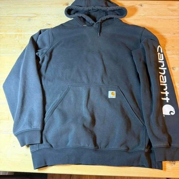 Carhartt Mens Loose Fit Sleeve Logo Hoodie Black Midweight Sweatshirt Size M