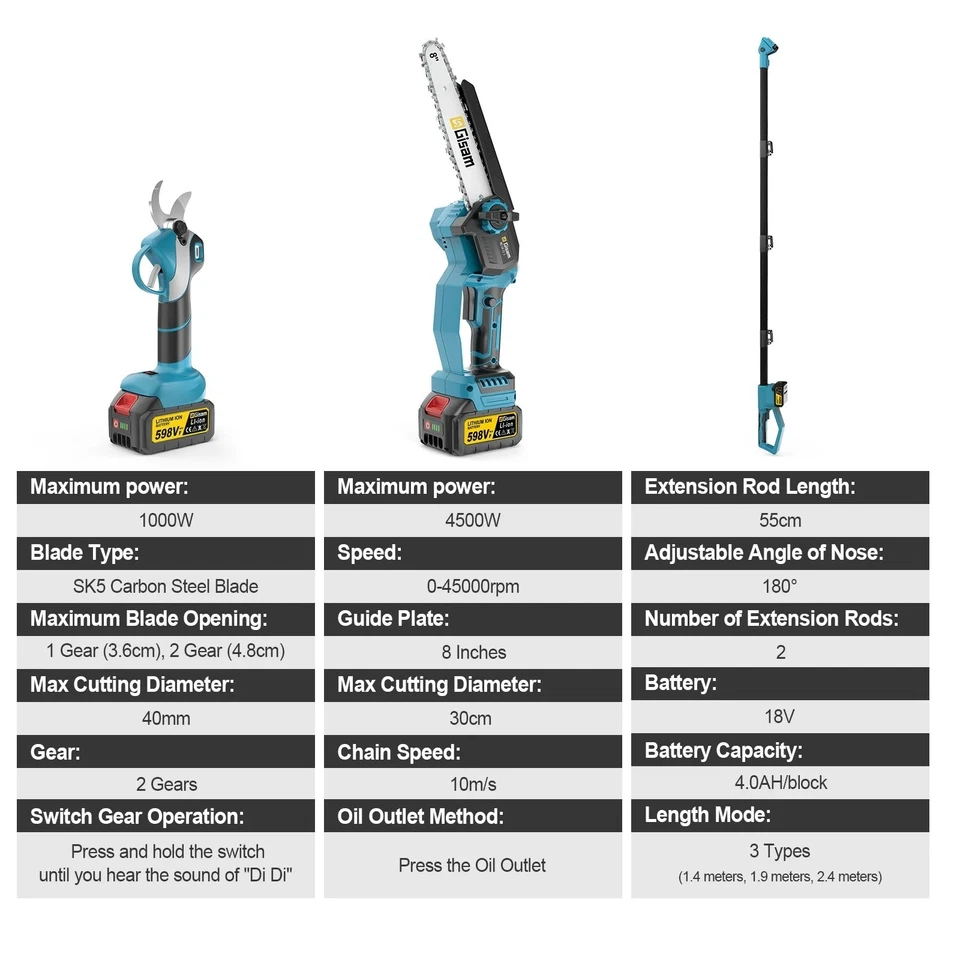 KIT POTATURA MOTOSEGA 8" E FORBICE CESOIA CON 2 BATTERIE ASTA TELESCOPICA 2,40MT - Immagine 3 di 4