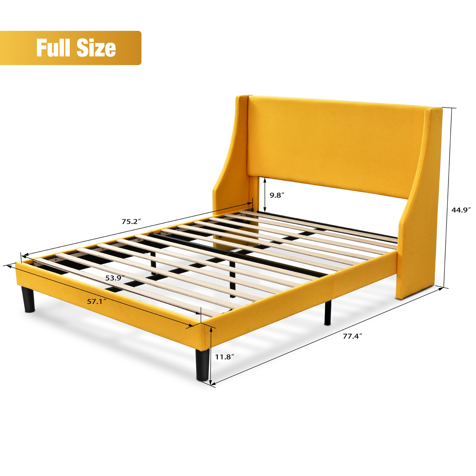 Sifurni Full Size Modern Platform Bed Frame with Wingback, Light Yellow