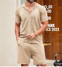 Men Summer Outfit 2-Piece Set Short Sleeve Shirt and Shorts Knitted Set