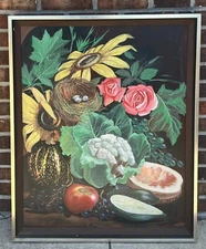 VINTAGE OIL ON CANVAS PAINTING STILL LIFE FLOWERS FOOD NEST EGGS SIGNED D VACEK