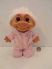 Russ Troll Doll 7" Vintage Pink PJ'S  Cap Potty Drop Down Pink Hair Brown Eyes