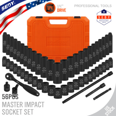 56PC 1/4'' Drive Shallow & Deep 6-Point Socket Set Extension Bar Universal Joint