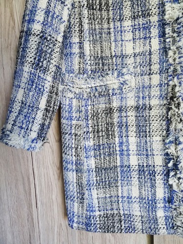 ZARA BLUE ECRU BLACK CHECKED FRAYED FROCK COAT SIZE XS - Picture 15 of 18