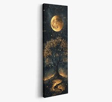 Abstract Starry Night Golden Full Moon and Tree Canvas Wall Art Picture Print