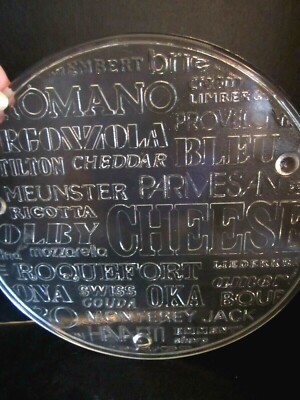 ROUND GLASS CHEESE FROMAGE PLATE CUTTING BOARD, EMBOSSED W/CHEESE NAMES 10-3/4''