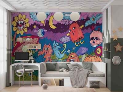 3D Mushroom Cat Pumpkin Graffiti Wallpaper Wall Murals Removable Wallpaper