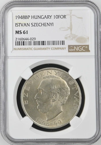 1948-BP Hungary Silver 10 Forint Széchenyi István KM#538 NGC MS61 Certified BU