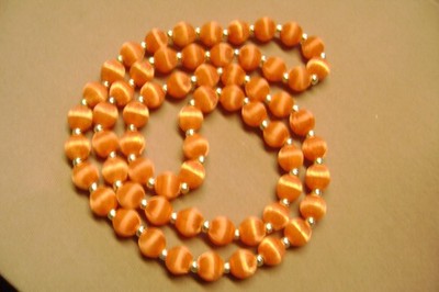 VINTAGE DEEP ORANGE SATIN THREAD BEADED BALL  OVER THE HEAD 30''  NECKLACE