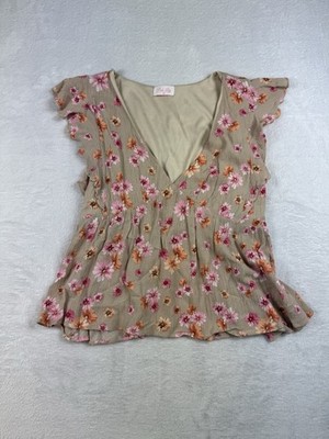 Pink Lily Boutique Womens Medium Floral Vneck Flowy Ruffled Cotton Blouse