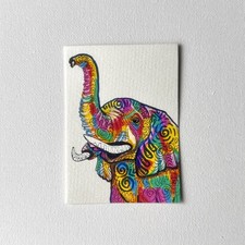 ACEO Original Psychedelic Painting Spirit animal Happy Elephant 1/5 Card ATC