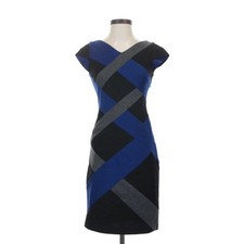 Max & Cleo Criss Cross Black/Blue/Gray Pattern Cap-Sleeve Sheath Midi Dress