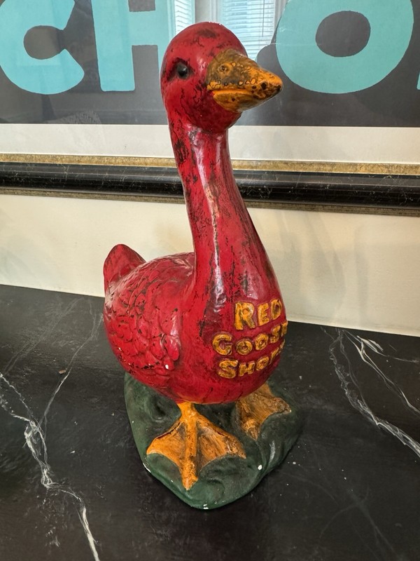 1920s Antique RED GOOSE SHOES Advertising Chalkware Store Display Statue 11.5”