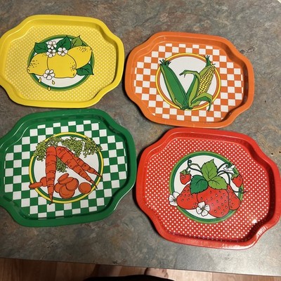 Vintage Giftco Small Rectangular Tin Trays Lot Of 4 Fruits & Vegetables Retro