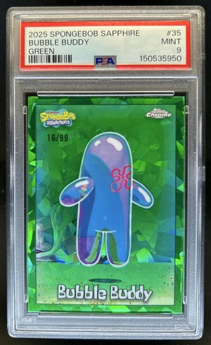 2025 Topps Chrome SpongeBob Sapphire Bubble Buddy Green Refractor #/99 PSA 9
