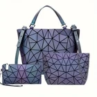 3Pcs Women Fashion Bao Messenger Bag Laser Luminous Rhombus Folding Shoulder Bag