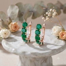 14K Rose Gold Emerald Earrings, Hand-set Green Agate Cabochons, Diamond Accents