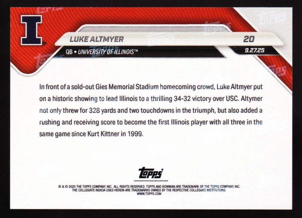 Luke Altmyer Illinois ties Kurt Kittner vs USC 2025 Bowman U Now #20 Red /5 - Image 2 of 2