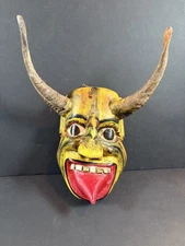  Yellow Demon Wood Mask Devil Goat Horns Mexican Folk Satan Handmade Guerrero