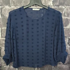 SOLITAIRE By Ravi Khosla Women's Blue Polyester Swiss Dot Round Neck Top Size M