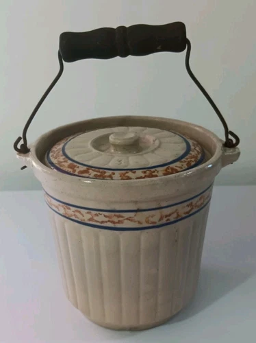 Vintage Red Wing Gray Line Sponge Band Butter Crock W Lid Bail Handle Stoneware