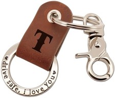 Custom Engraved Leather Keychain, Personalized Initial Key Ring for Initial T