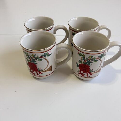 4 Otagiri Japan Christmas Coffee Tea Mug Cups Horn Holly Berries Red Bow Vtg