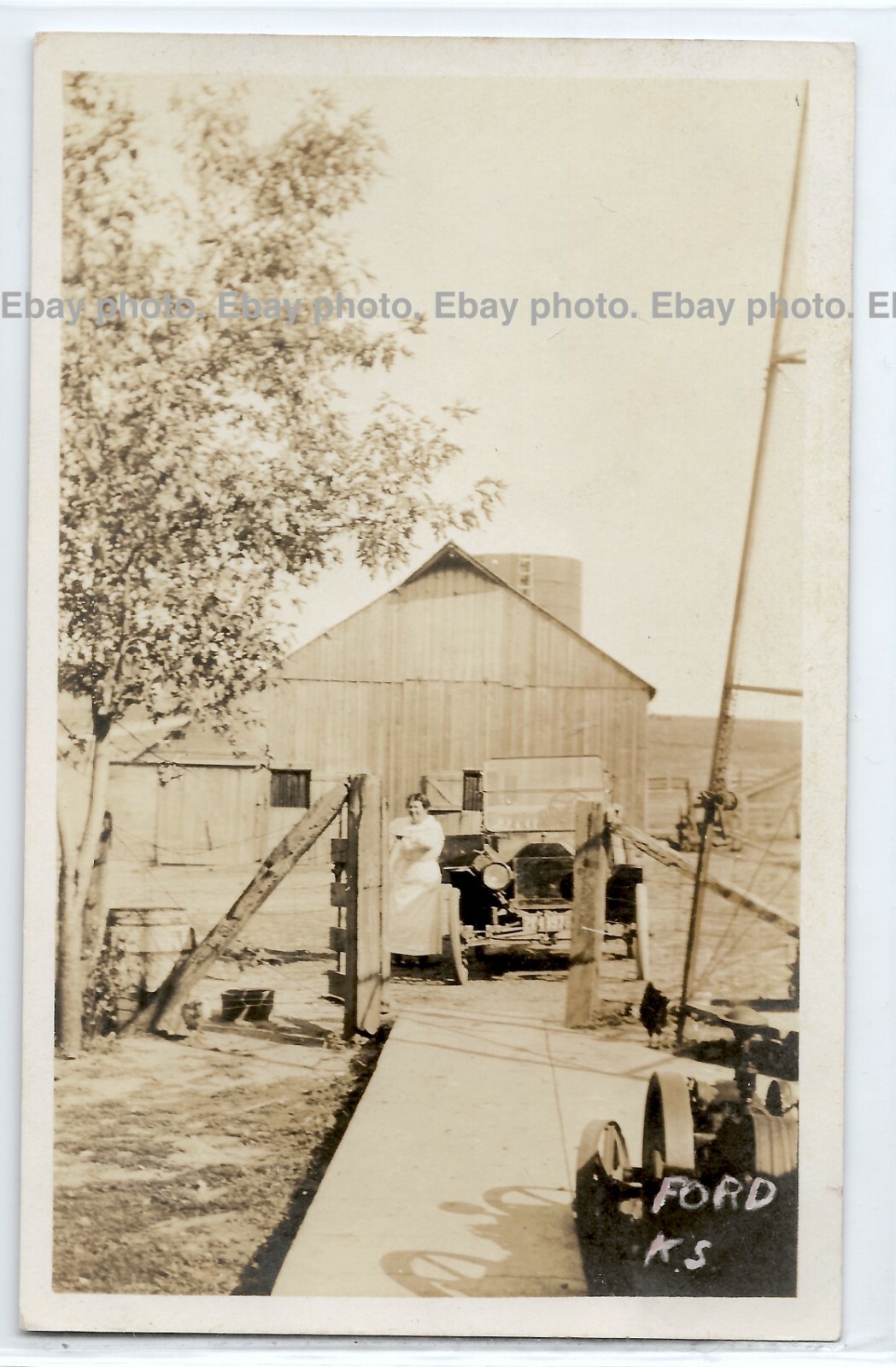 Farm, old car, woman, Ford County, Kansas; history photo postcard RPPC