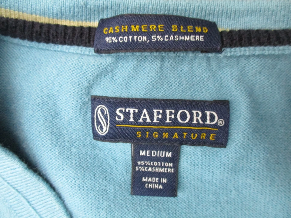 Suéter Stafford Para Hombres Mediano Azul Pullover Informal Cuello en V Algodón Cachemira Informal Foto 3 de 4