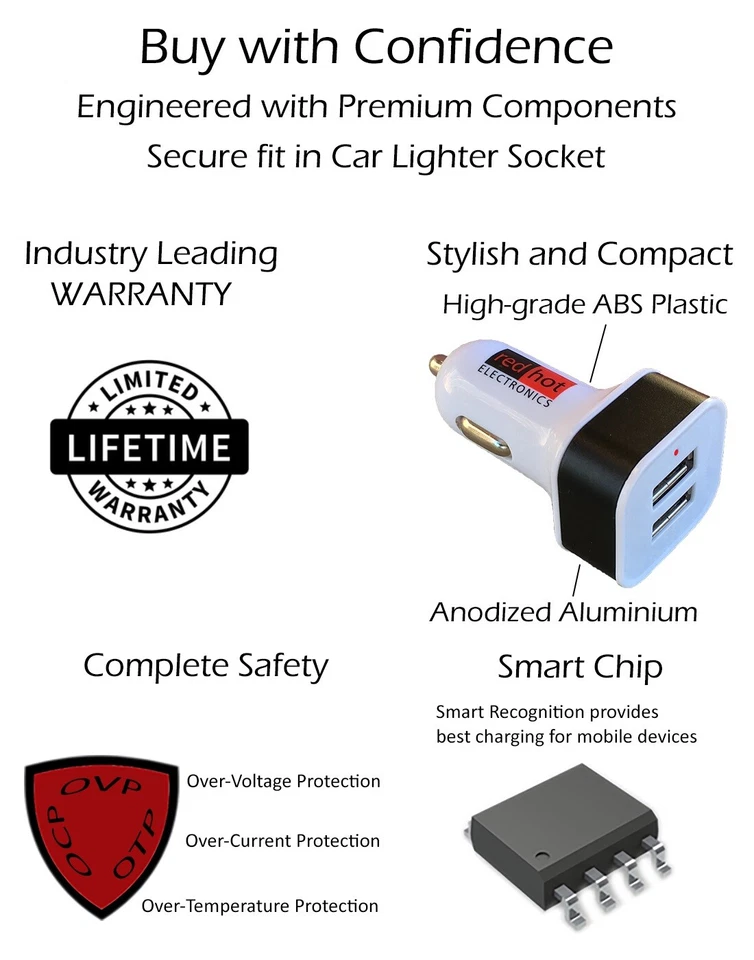 *MADE IN USA* Premium Dual USB Car Charger 24W iPhone15 14 13 12 Galaxy Black - Image 4 of 4