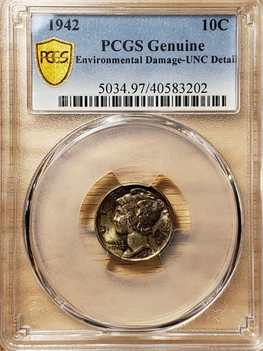 1942 Winged Liberty Mercury Dime Toned PCGS UNC Detail 3202