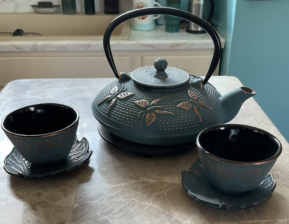 Japanese Cast Iron DRAGONFLIES Tetsubin Tea Set 8 Pieces Pot