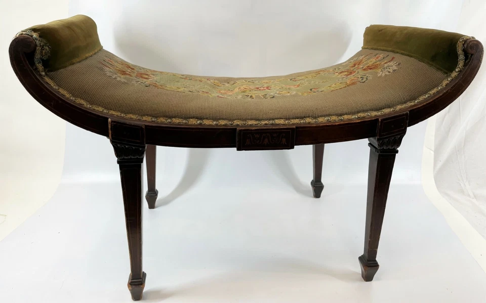 Raro 32" Antiguo Victoriano Floral Punta de Aguja Verde Incrustación Curvada Madera Banco Asiento Foto 4 de 4