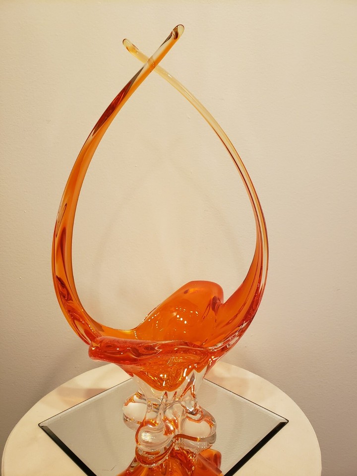 Vintage Etched Chalet Tangerine Orange Art Glass Cross Tipped Basket