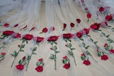 Red Rose Embroidery Applique Fabric Tulle Symmetry Fabric for Party Dress