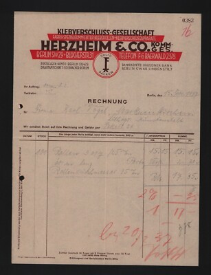 BERLIN, Rechnung 1937, Herzheim & Co. KG Klebverschluss-Gesellschaft 