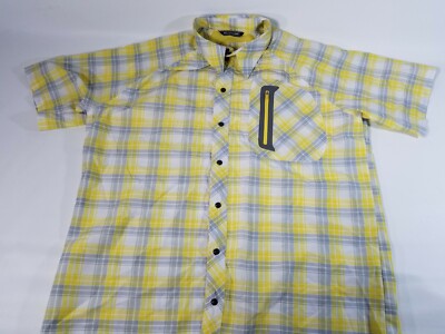 Black Tip Nice Catch Men's Vented Fishing Shirt Size LARGE Yellow/Gray Plaid